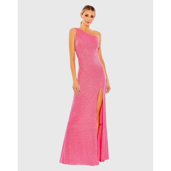 Ieena for Mac Duggal Sequined One Shoulder Draped Back Gown in Rose Size 0 - Picture 1 of 12